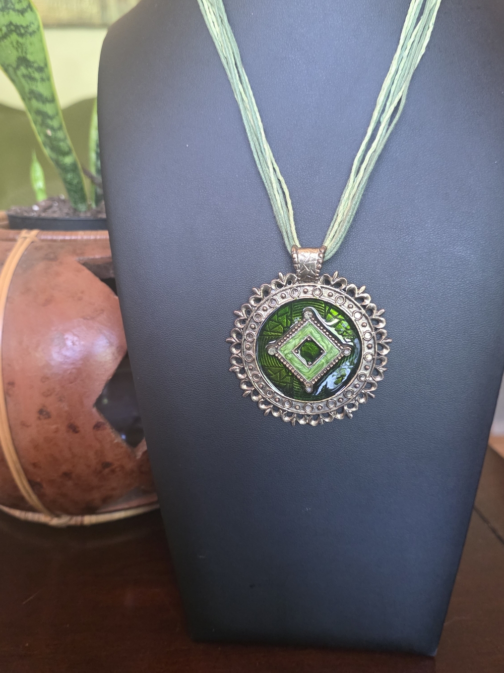 Green Glass Pendant Necklace with Ornate Metal Frame - Picture 4 of 10